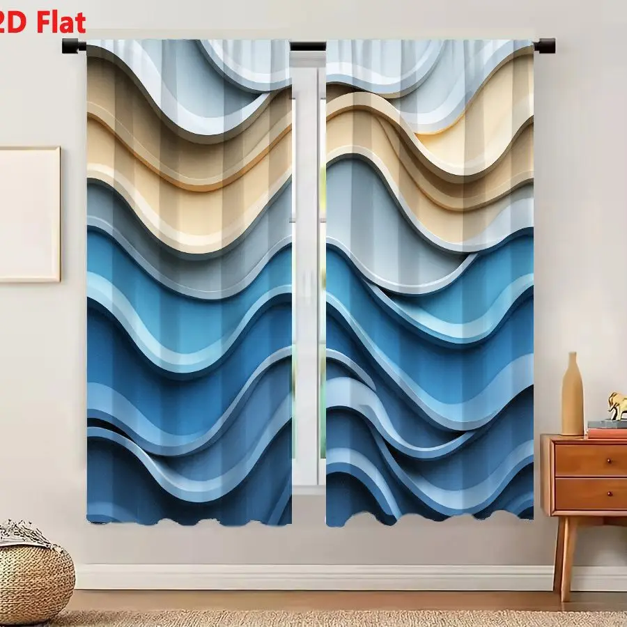 2Pcs Curtains 2D Flat Layered Waves Abstract Topography 3D Paper Cutout Beige Gray Blue Geometric Modern Art Window Drapes for B