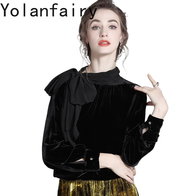 

YOLANFAIRY Quality Genuine Silk Velvet Blouses for Woman Autumn Long Sleeve Shirts Scarf Collar Women Basic Top blouse vrouwen