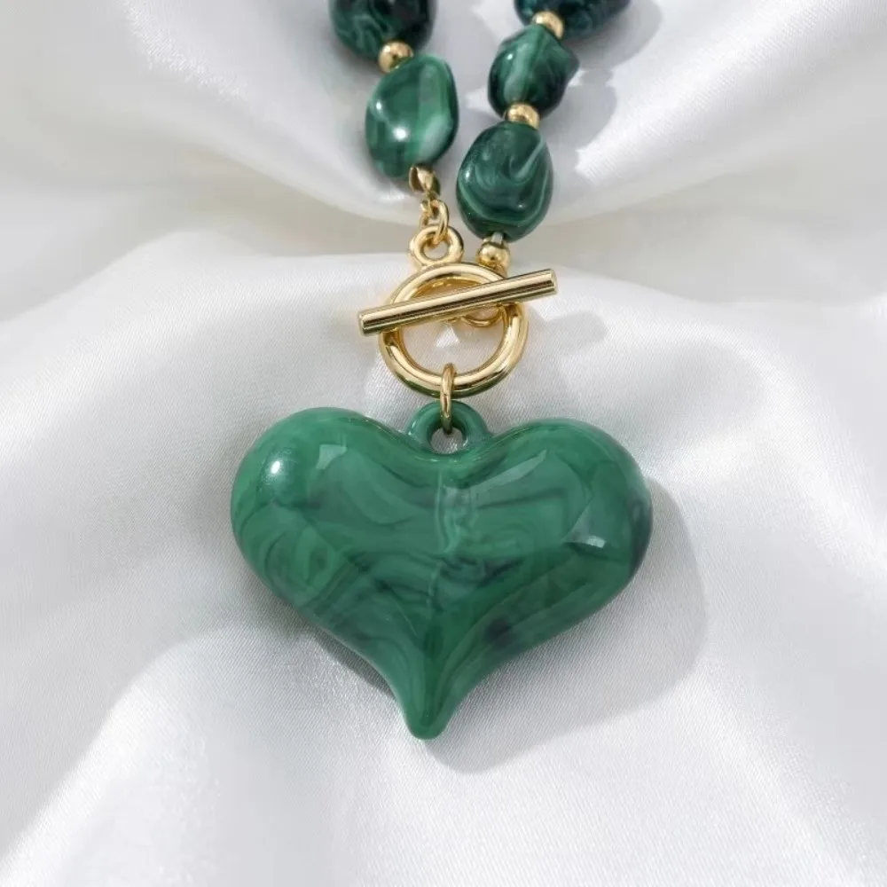 New Boho Resin Beaded Green/Red/Cream Apricot Color Toggle Clasp Chunky Heart Pendant Chic Women Jewelry Gift