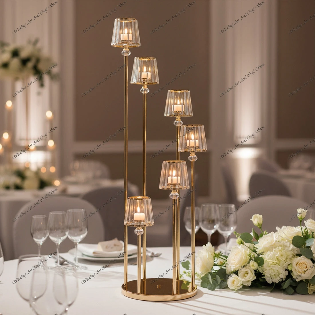 2-10pcs f30 6Arm Crystal Pendant Cluster Candelabra Candle Holder 4ft Gold Metal Candle Stand with Round Base Wedding Decor y879