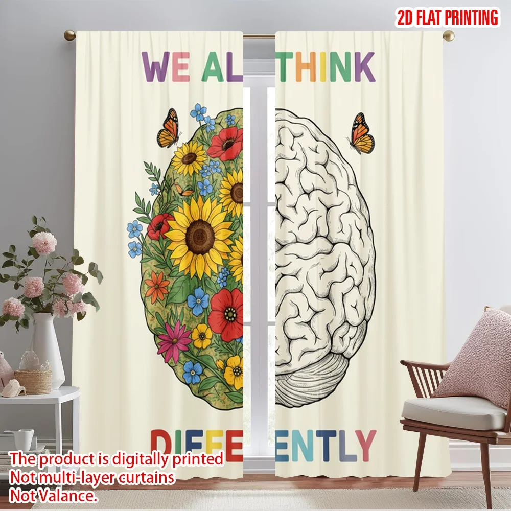 

2pcs 2D flat printing Window Curtains Rainbow Brain Floral Thinking Differently Fabric Without Electricity Festive Wall Decor