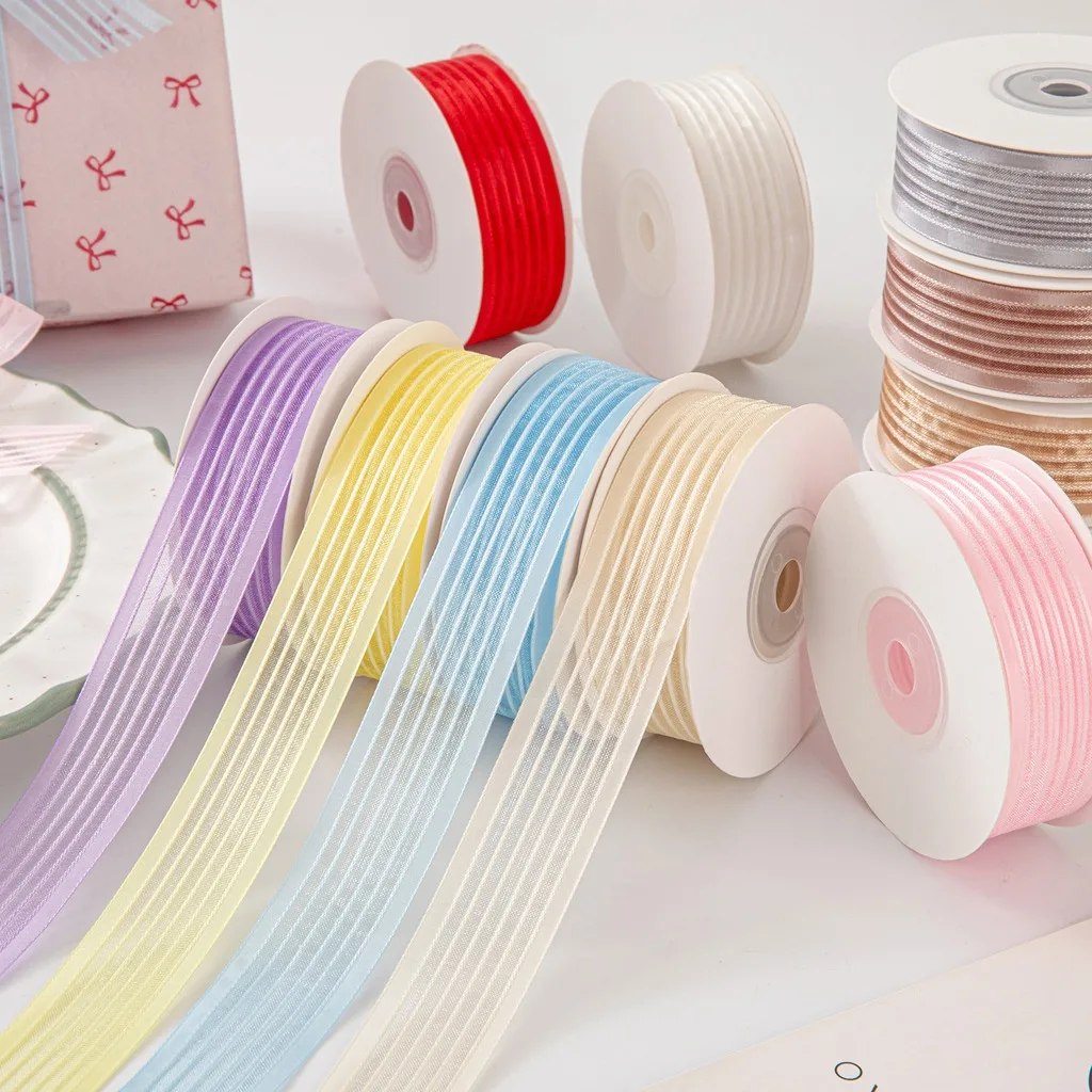 25mm Wide 10 Yards Transparent Vertical Striped Sheer Organza Ribbon for DIY Bows Gift Wrapping Floral Craft Decoration