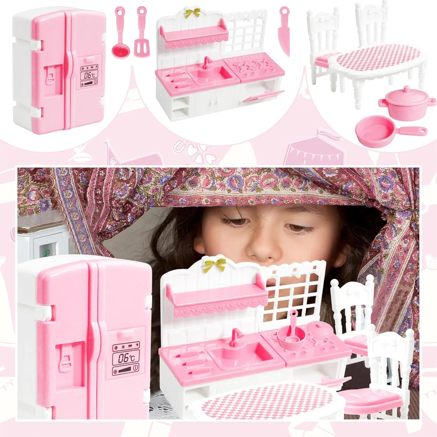 ชุดอุปกรณ์ตกแต่งบ้านตุ๊กตาขนาดเล็กสีชมพู ชุดเฟอร์นิเจอร์บ้านจิ๋ว คอลเลคชั่นห้องนอน ห้องนั่งเล่น ห้องครัว ห้องน้ำ