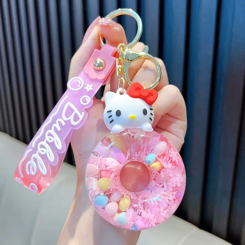 New cute Sanrio Donut Kuromi Cinnamoroll Hello Kitty keychain Acrylic Quicksand Bottle Cartoon Doll Bell Backpack Pendant Gift