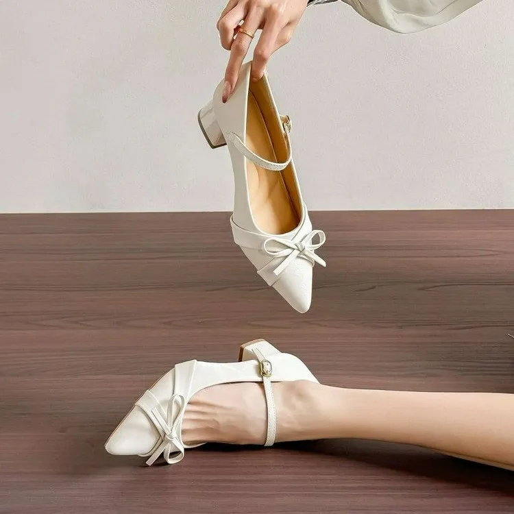 French-style Popular Bow Chunky Heel Low-cut Pointed-toe Pumps, Block Heel with A Strap, Lightweight Work Shoes for Women