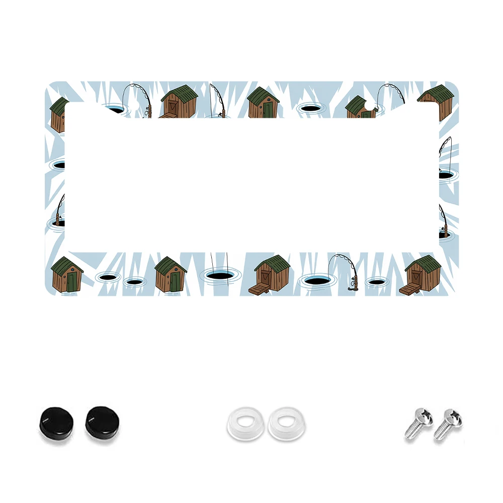 

1pc Blue and Brown Ice Fishing Hut Pattern 2 Hole License Plate Frame, Aluminum Material, 6x12 Inches, with Screw Set, Retro No