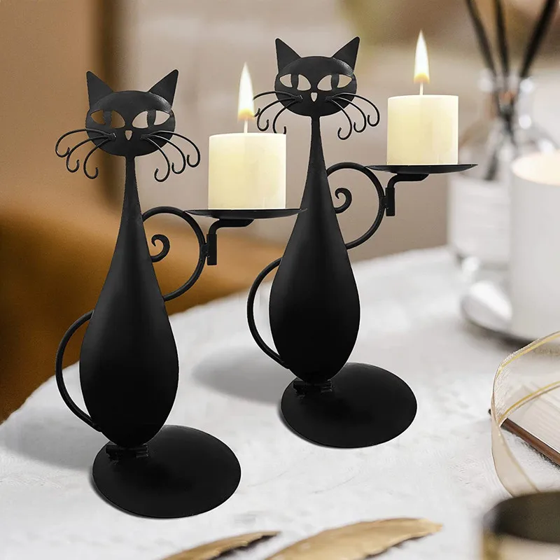 Creative carbon steel black cat candlestick decoration retro country farmhouse home metal cat decoration atmosphere layout