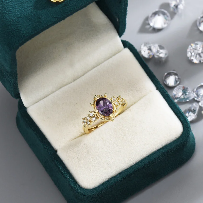 Oval Cut Amethyst Open Adjustable Ring Vintage Ornate Crown Bezel Cluster Pave Accent CZ Gold Plated Elegant Women Jewelry Gift