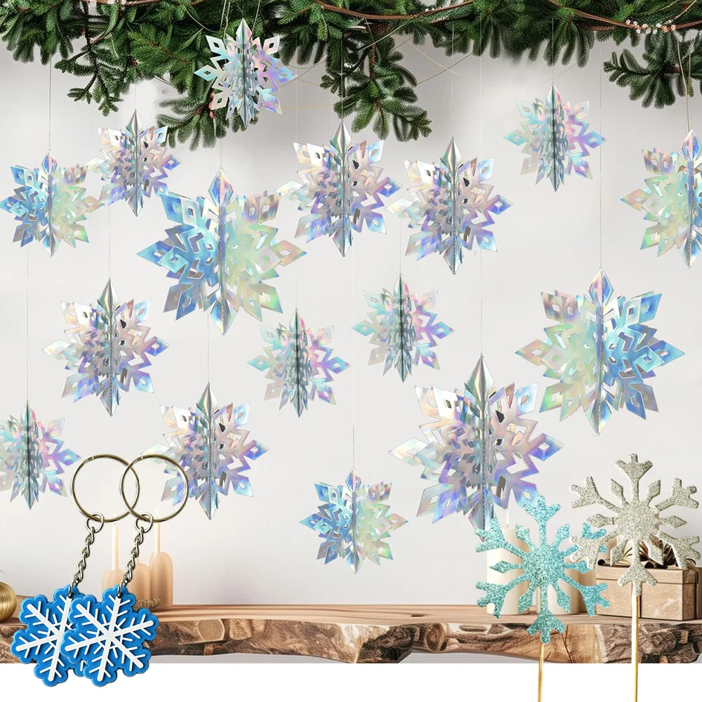 

Christmas Snowflake Decor Snowflake Keychain Cake Topper Winter Wonderland Holiday Home 3D Laser Iridescent Snowflakes Hanging