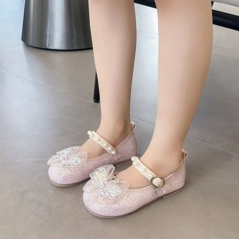 Little Girl Leather Shoes Spring Autumn Kids Sequins Party Shoes Fashion New Butterfly Children Princess Shoes Sweet Elegant