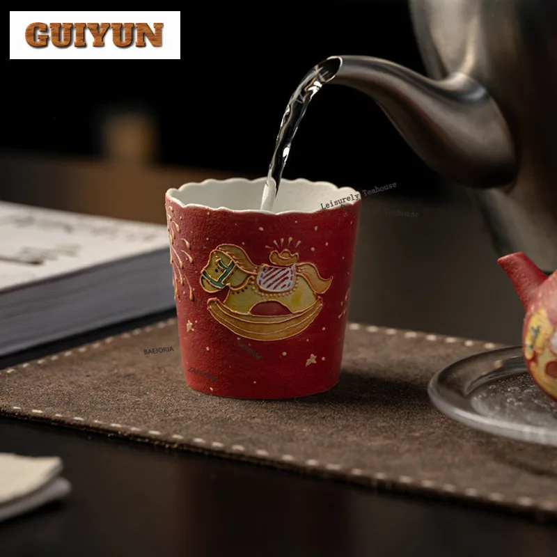 160ml Hand-painted Fortune Horse Teacup Elegant Tea Bowl Beautiful Tea Cup Tea-tasting Meditation Cup Chazhan Master Cups Craft