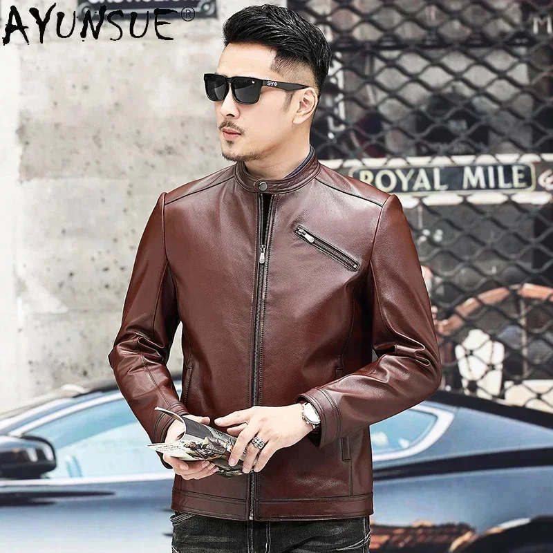 AYUNSUE 2025 Autumn 100% Genuine Leather Jacket Male Cowhide Jackets Black Stand-up Collar Clothing Abrigo Hombre Gmm375