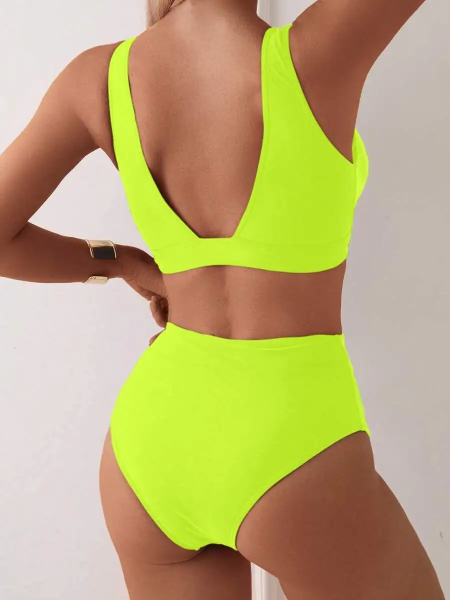 

Lime Green Deep V-Neck Solid High Cut Two Piece Bikini Swimsuit For Women