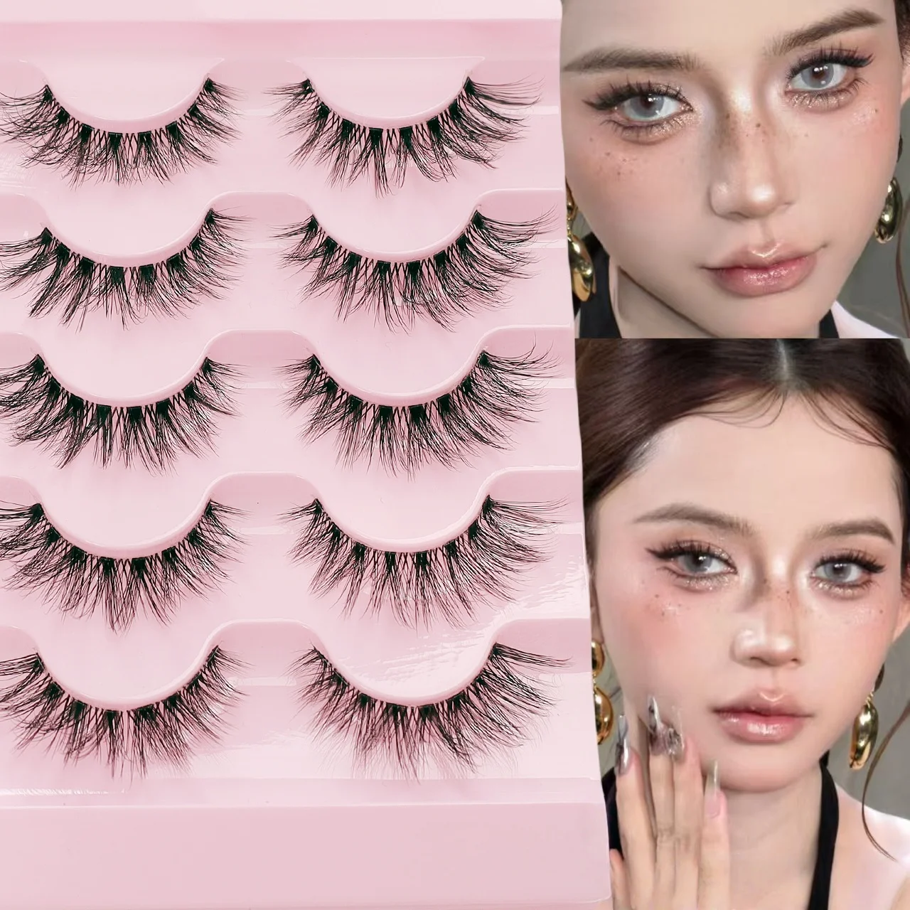 5 paires de cils de bande dessinée œil de chat-style long naturel, effet de maquillage pour les yeux d'extension d'extrémité d'aile, faux cils bouclés en forme de C de 8 à 15mm