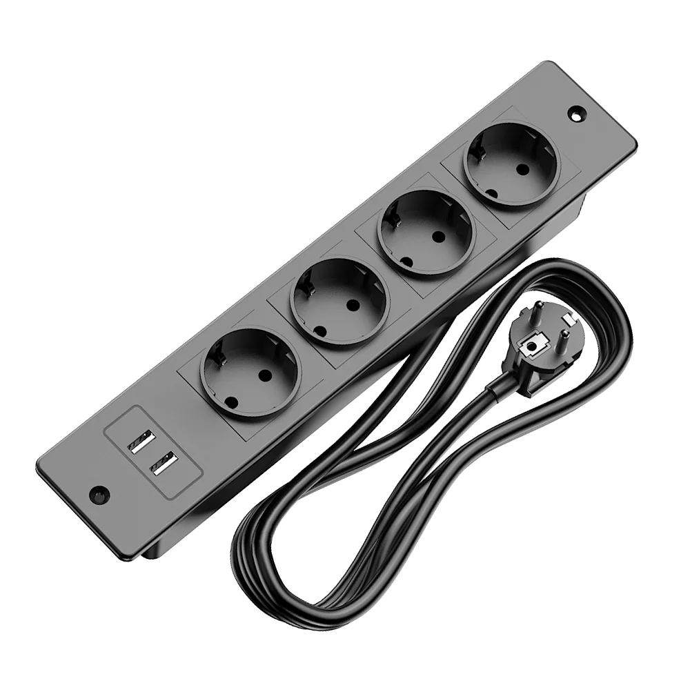 Recessed Power Strip 4 AC Outlets 2 USB-A Ports(5V 2.1A) with 1.5M Extension Cord Built-in Desktop Socket for Conference Room