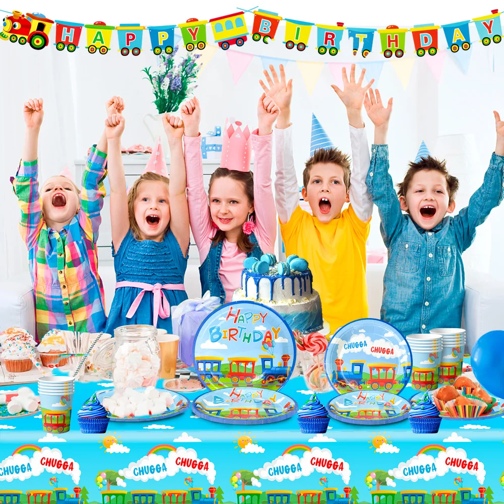 Train Birthday Party Supplies,66pcs Decorations Tableware Set - Train Plates and Cups Napkins & Banner Tablecloth etc
