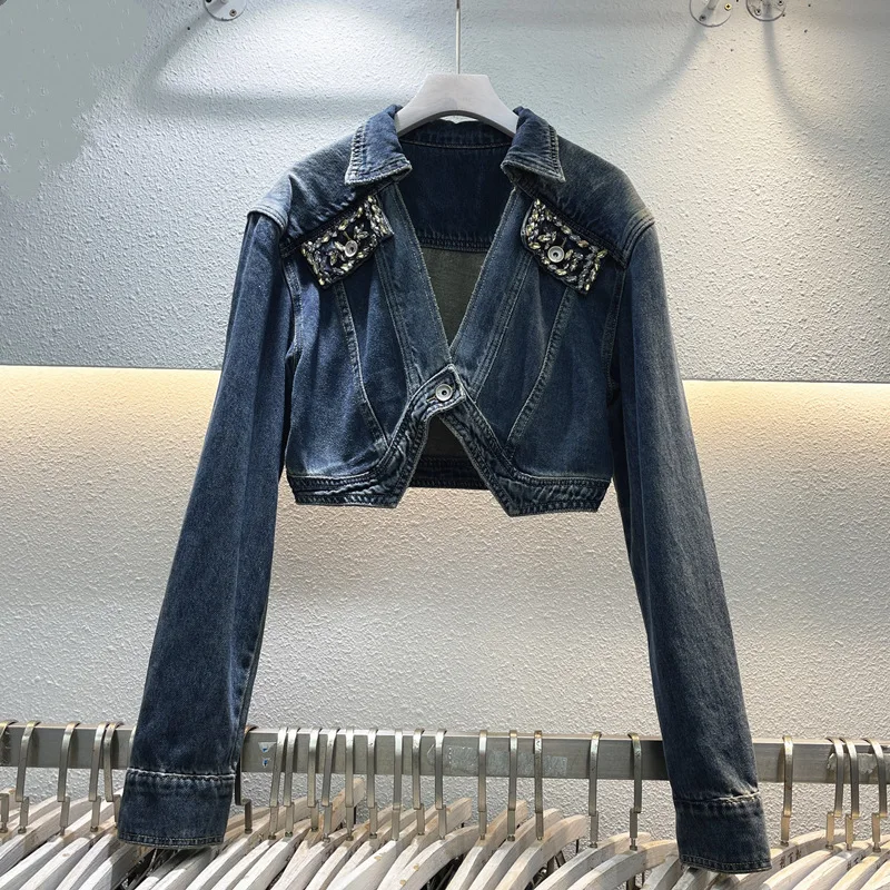 European Trendy Brand Denim Short Jacket for Women's 2023 Spring and Autumn New One-button Diamond-encrusted American Retro Old