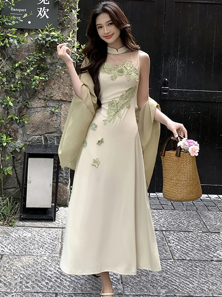 Women New Green Emboridery Floral Patchwork Mesh Long Dress+Blouses Two Piece Sets 2026 Summer Korean Elegant Bodycon Dress Sets