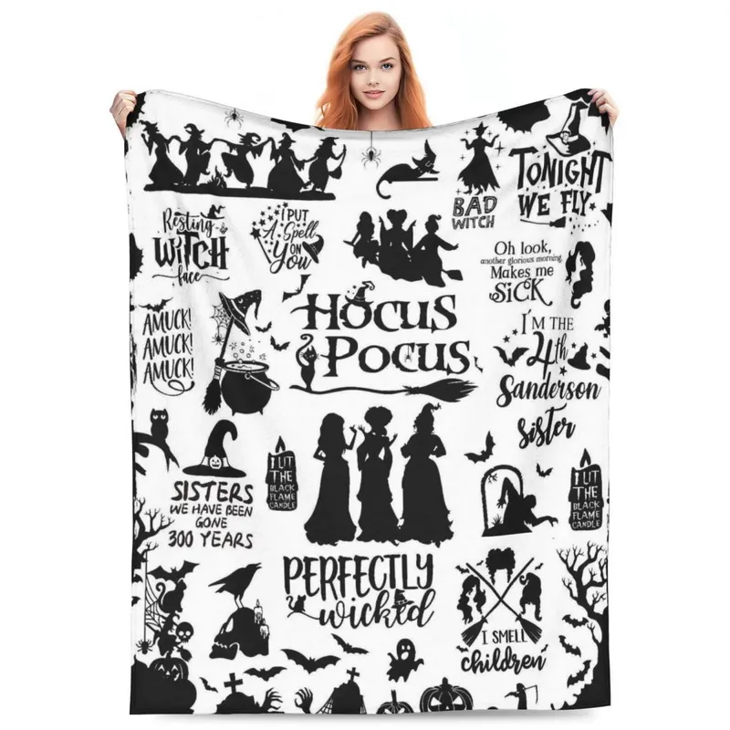 

Spooky Halloween Print Throw Blanket | All-Over Pumpkin, Bat & Witch Hat Design on Cozy Flannel Different Style