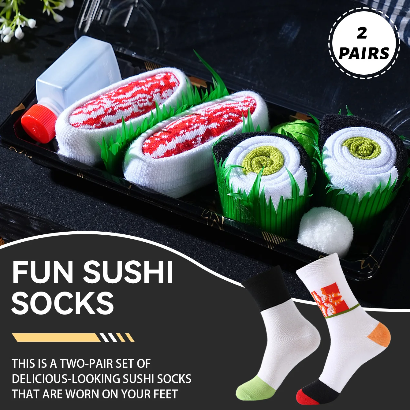 2 Pairs of Mid-Calf Socks for Men and Women, Novelty and Fun Colorful Salmon Sushi Gift Box Socks, European and American Fashion Style, Comfortable and Breathable, Party Casual Novelty Gifts, Valentine's Day, Christmas, Santa Claus, Autumn and Winter Models, All-Season Cute and Fun Socks