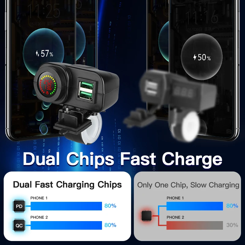 36W 12-24V QC3.0 doppio caricatore rapido 6A accessorio motore Usb per moto con interruttore ON/Off voltmetro e Display della temperatura