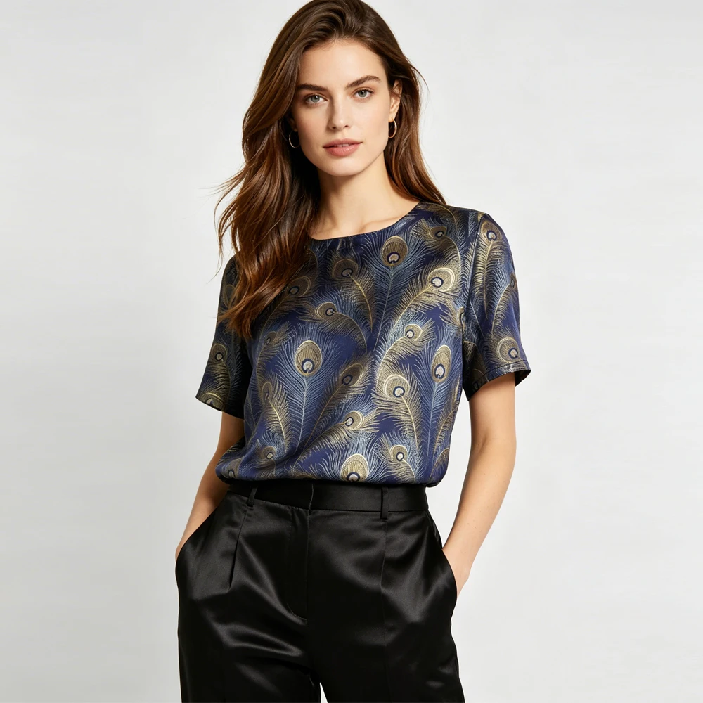 2026 Women's Fashion Summer New Heavy 100% Natural Mulberry Silk Song Brocade Feather Printed Round Neck Short Sleeve T-shirt