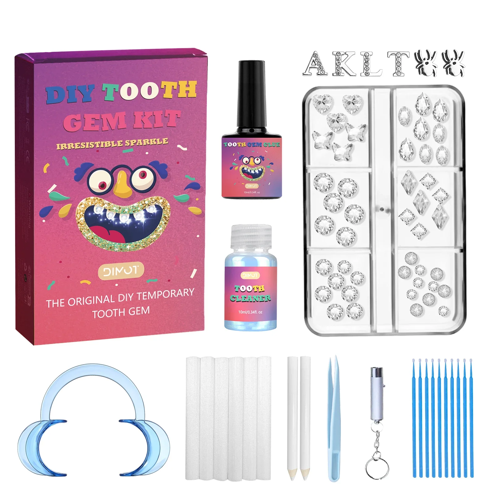 ชุดอุปกรณ์ตกแต่งฟันด้วยอัญมณีใส ชุดอัญมณีประดับฟัน DIY พร้อมกาวและไฟ ประดับฟันด้วยกลิตเตอร์วิบวับ