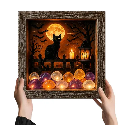 DIY Halloween Shadow Box Frame with Crystal Glass & Wooden Frame Memory Boxes Display Case LED Night Light Gothic Decor