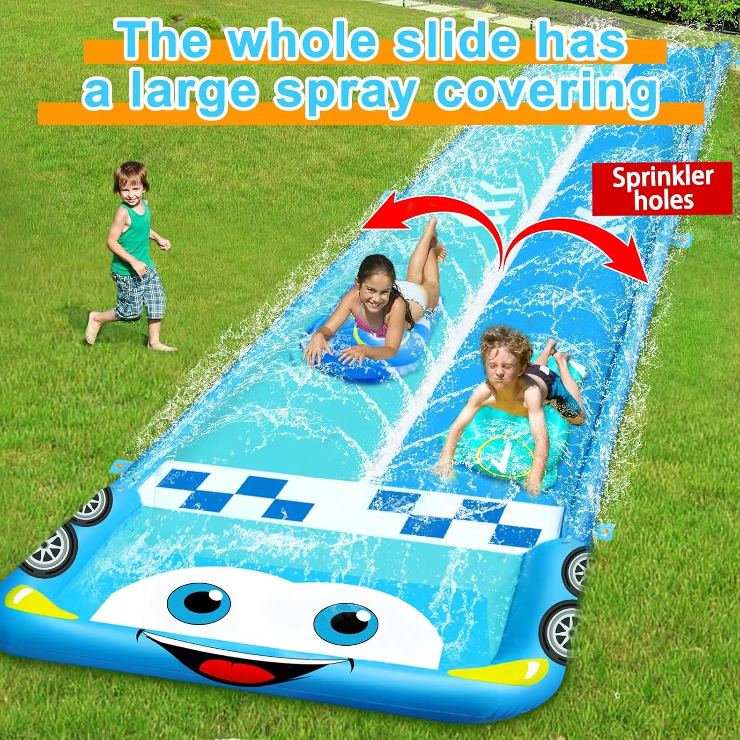 Tobogán de agua Extra largo para niños, coche de carreras, doble carril, césped, antisalpicaduras y toboganes con 2 Bodyboards, valla de seguridad, 33,3 pies