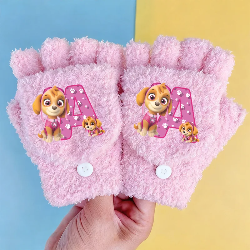 Paw Patrol Skye Gloves Children Cartoon Letter Half Finger Flip Glove Pink Winter Warm Soft Mittens Gloved Kids Birthday Gift