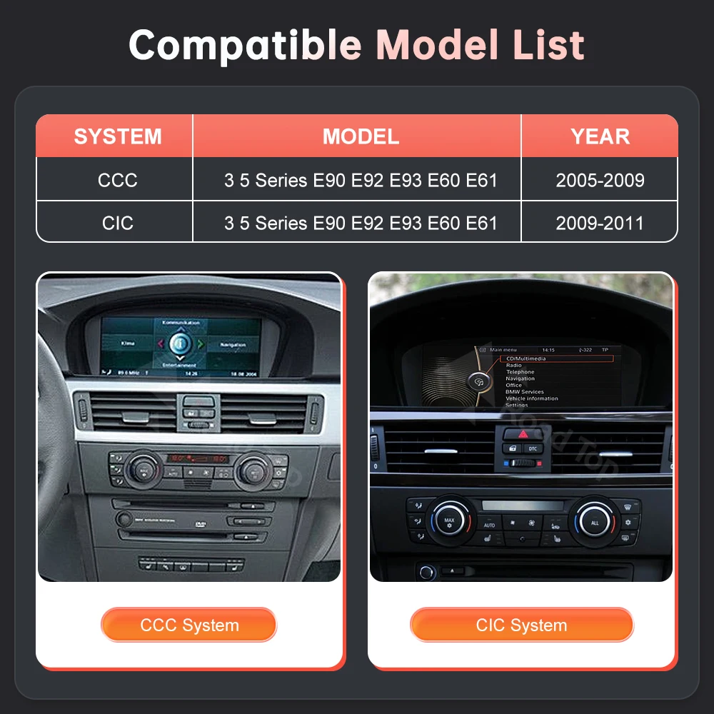 Pantalla táctil inalámbrica Carplay de 12.3'' para BMW Serie 3 E90 E91 E92 E93 Serie 5 E60 E61 Pantalla multimedia Android Auto Radio para coche 2