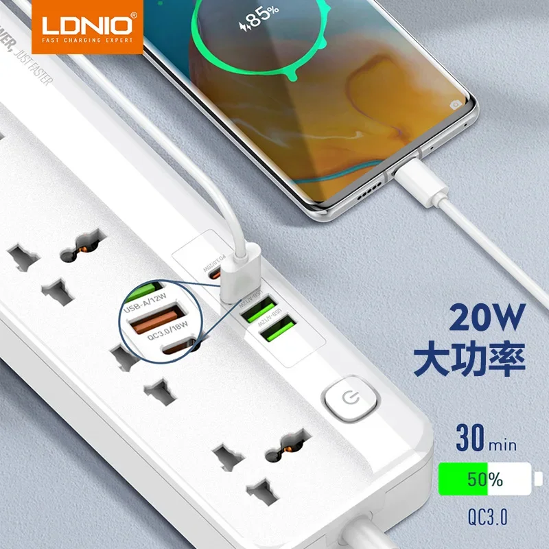 LDNIO Power Strip EU UK US Outlet Plug 2m Extension Cord 2500W 5 Universal Sockets with 3 USB 1 Type-C PD Quick Charge Adapter