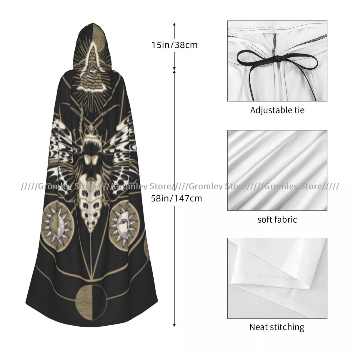 Adult Scary Butterfly Moth Dead Head Cloak Cape Hooded Medieval Costume Witch Wicca Vampire Halloween Costume Dress Coat