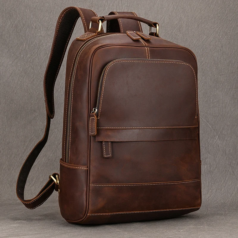 Fashion Designer Leather Backpack Vintage Style Crazy Horse Leather Travel Backpack Bag 100% Genuine Leather Computer Bag Men