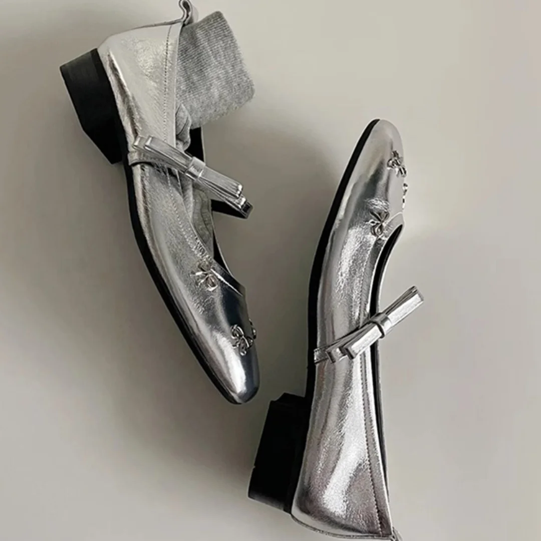 

Стильные балетки Мэри Джейн, 2021, натуральная кожа из овчины, новый французский серебряный бант на плоской подошве с низким вырезом, итальянское ремесло, простая мода