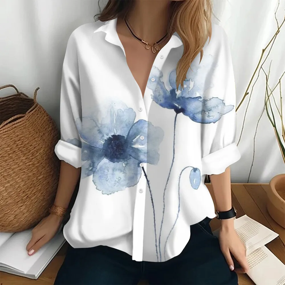 Blue Floral Print Loose Lapel Simple And Elegant Shirts Top White Women\'s Sumer Clothe Long Sleeve Polo Neck Shirts& Blouses