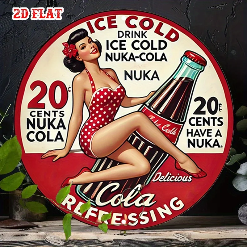 Letrero Redondo Metálico 2D Plano con Diseño de Chica Pin-Up 'Ice Cold Nuka-Cola' - Decoración de Pared Metálica Retro Inspirada en Anuncios de Refrescos de Fallout para Sala de Juegos, Cuarto de Hombre