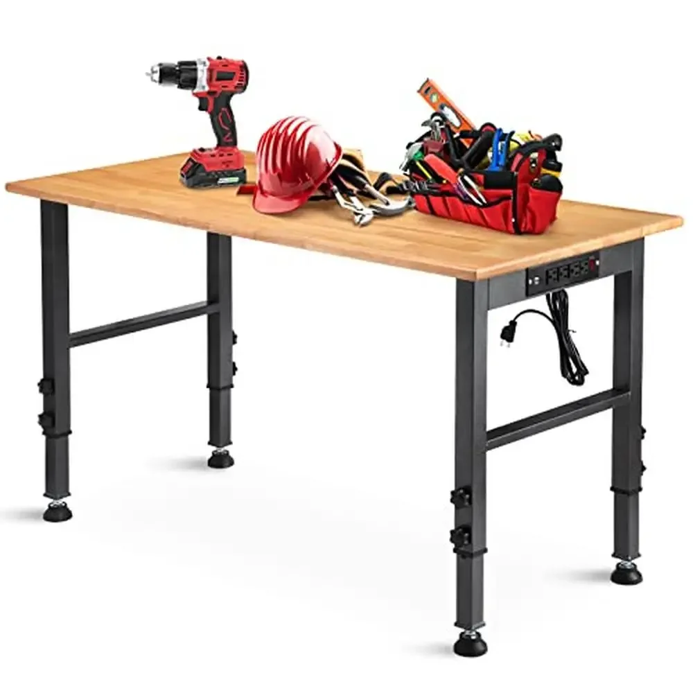 Adjustable Rubberwood Workbench Power Outlet Steel Legs 2000 LBS Load Capacity Workshop Garage Office Non-slip Foot Pad 48