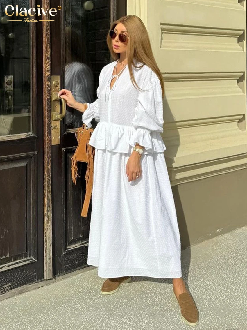 

Clacive Fashion Loose White Cotton Women Dress 2025 Casual Long Sleeve Ankle Length Dresses Elegant Classic Ruffle Female Dress