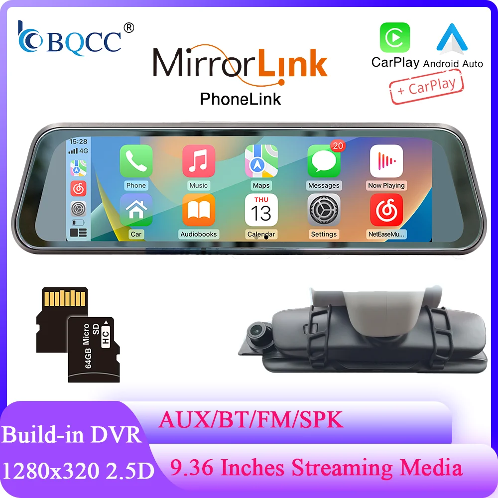 

BQCC 9.36" 2.5D streaming media touch screen wireless carplay Android Auto AUX/BT/FM/SPK TF Mirrorlink for Universal Car Player