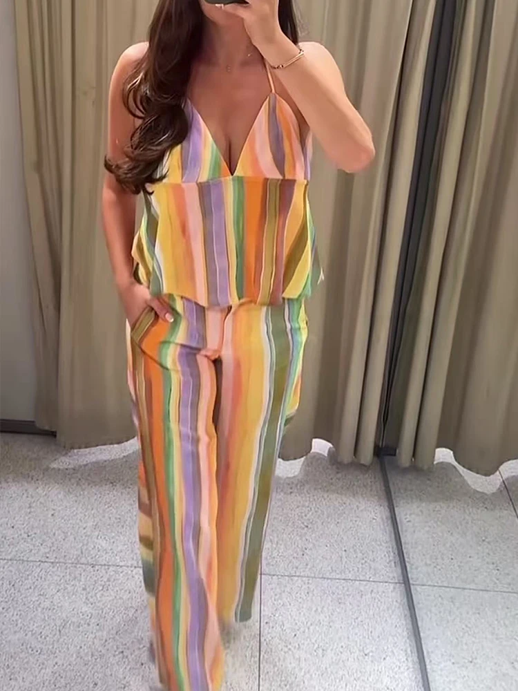 TFMLN Women Chic Colorful Striped Pants Suit Lace-up Halter Holiday Tops Casual Straight Trousers 2026 Summer Trendy Set image 3