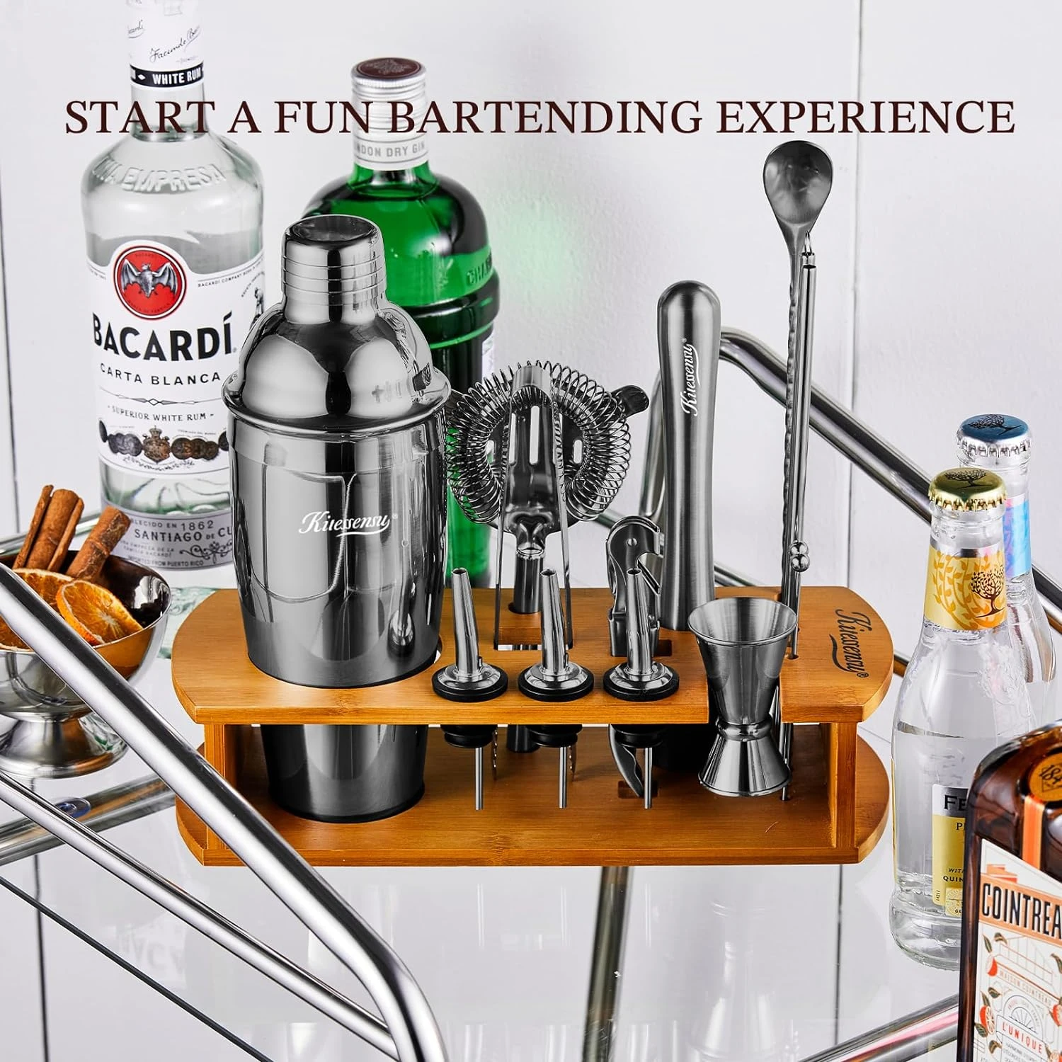 

Complete Bartender Kit with Stand | Premium Cocktail Shaker Set Including all Essential Accessories - Shaker, Jigger, Strainer,