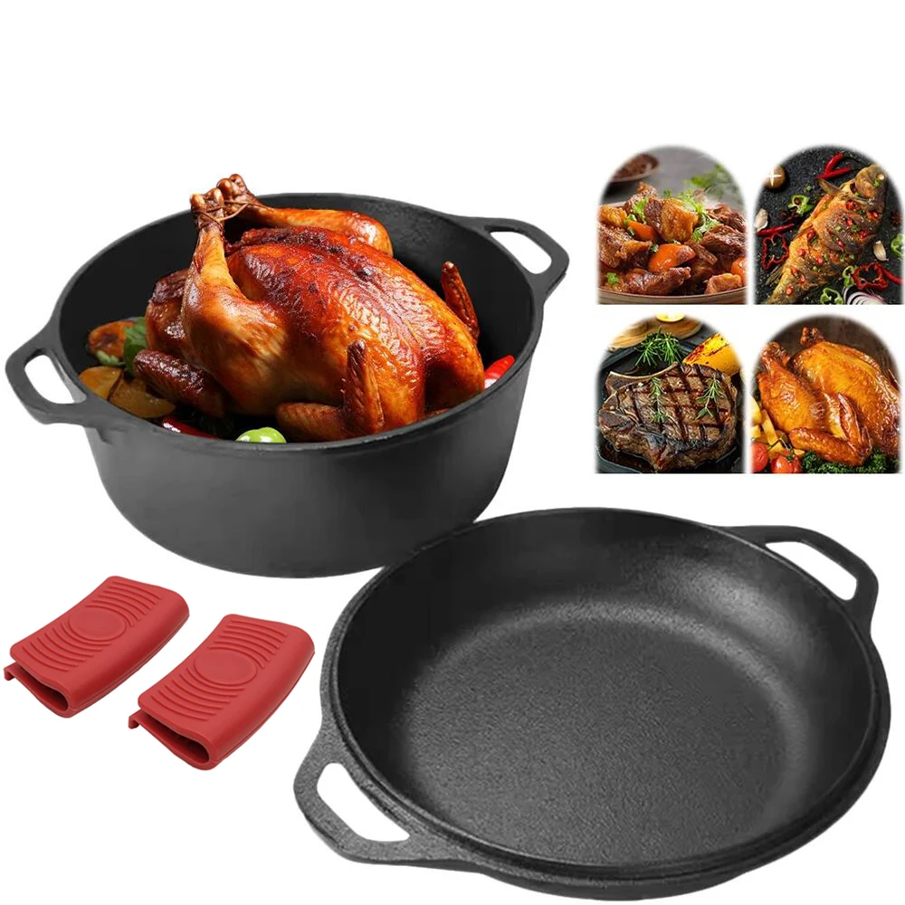 

Предварительно приправленная чугунная голландская кастрюля 2 в 1, с крышкой для сковороды и двойными ручками, набор посуды для жарки хлеба, выпечки, барбекю