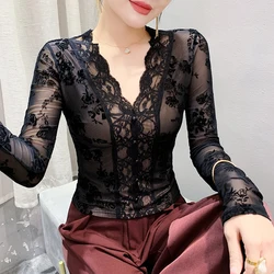 Negro, coreano, estilo, otoño, invierno, camiseta, sexy, cuello en V, encaje, botón, mujer, con forro polar, tops, manga larga, parte inferior, camisa, camisetas, nuevo, 41160