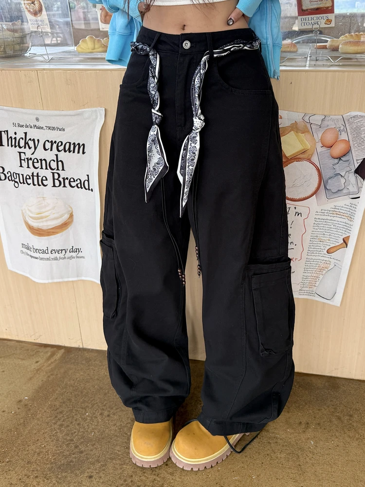 

American Retro Patchwork Work Pants Women's Loose Straight Leg Wide Leg Long Trousers Autumn Winter New Sle Casual Cotton