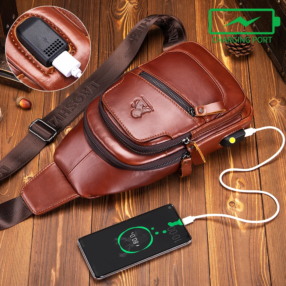 Bolso de pecho de piel de vaca para hombre, bandolera informal con USB, bolso de hombro frontal