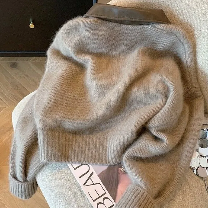 Cashmere Knitted Sweater 2024 Autumn Women Cardigan Winter Design Sense Splicing Double Zipper Short Leather Collar Loose Coat