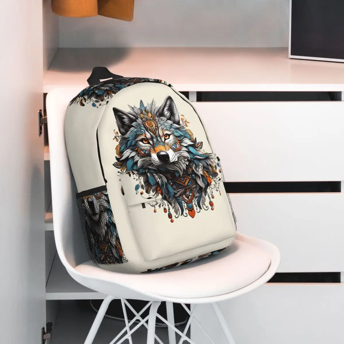 Ethnic Wolf Tradition Wolf Feather Backpack Student BookBag Kids School Bag Computer Shoulder Bags for Boys Girls