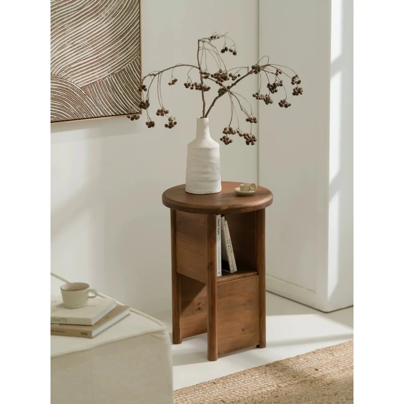 Retro Solid Wood Side Table, Small Coffee Table, Corner Table, Simple Living Room Round Table, Multi-Functional Bedside Table