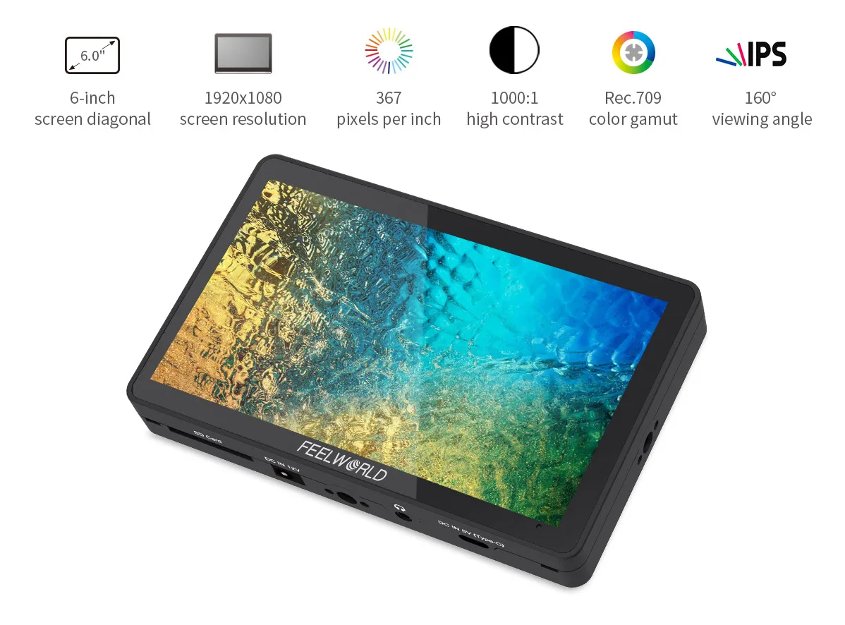 FEELWORLD F6 plus V2 Monitor de toque na câmera de 6 polegadas 4K HDR 3D LUT FHD 1920x1080 IPS Display Focus Assist para DSLR/Vídeo
